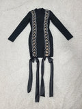 Women's Sexy Drawstring Strap Bandage Dress O-neck Long Sleeve Bodycon Mini Dress Cocktail Evening Party Vestidos black