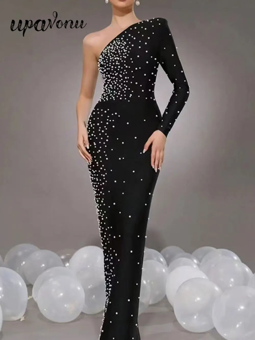 Sexy Women's Light Luxury Pearl Design Bandage Dress with Diagonal Collar One Shoulder Long Sleeve Bodycon Christmas Dress