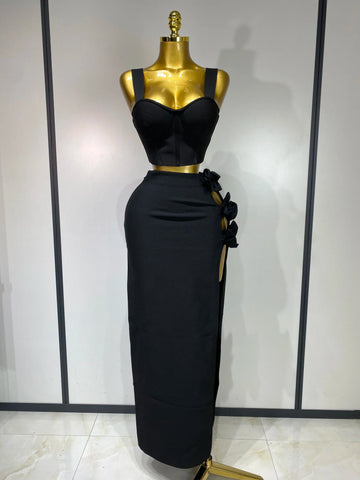 Summer Women Sexy Flower Black Red Bandage Two Piece Set Celebrity Evening Party Skirt Suits Luxury Birthday Outfit black