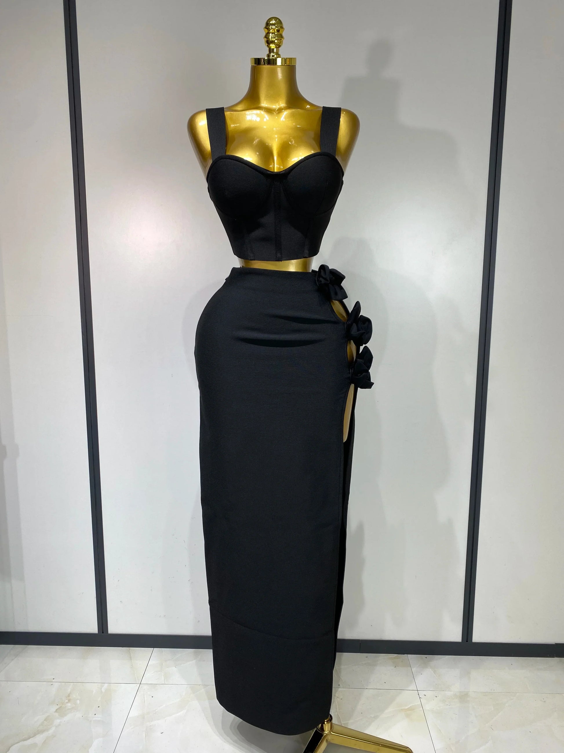 Women Red Top Flower Skirt Two Piece Set Evening Party Nightclub Elegant Host Tight Sexy Club Bodycon Bandage Long Skirt black