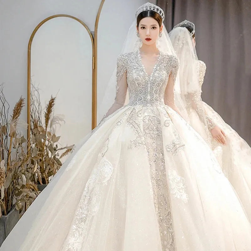 French Luxury White Sequined Wedding Dresses For Bride Elegant Sexy Slim Puff Sleeve Long Prom Party Dress Women Vestidos