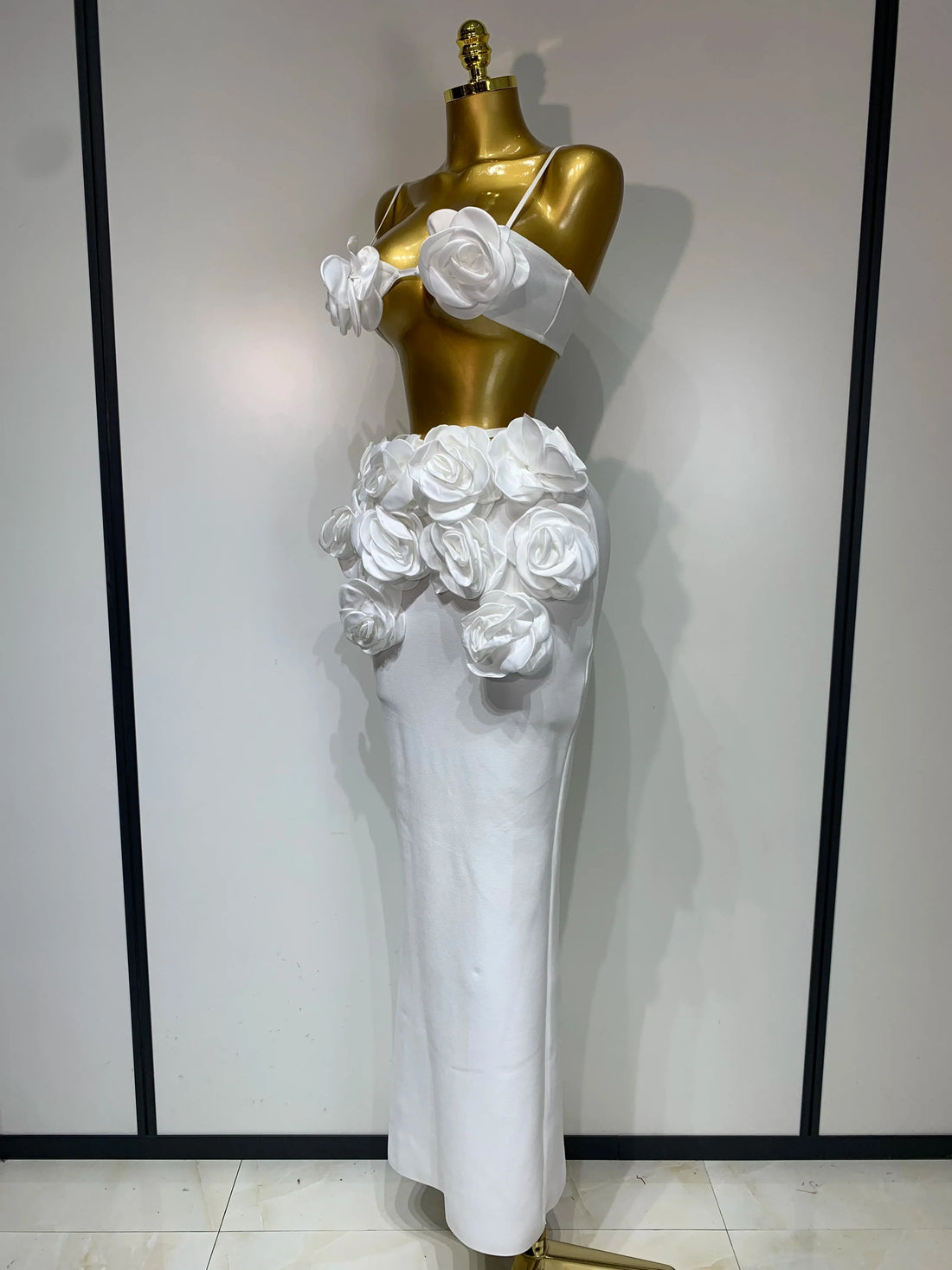 Women Sexy Camisole Floral Bandage Long Skirts Two Piece Set Celebrity Elegant Party Cocktail Prom Gown Nightclub Outfit WHITE