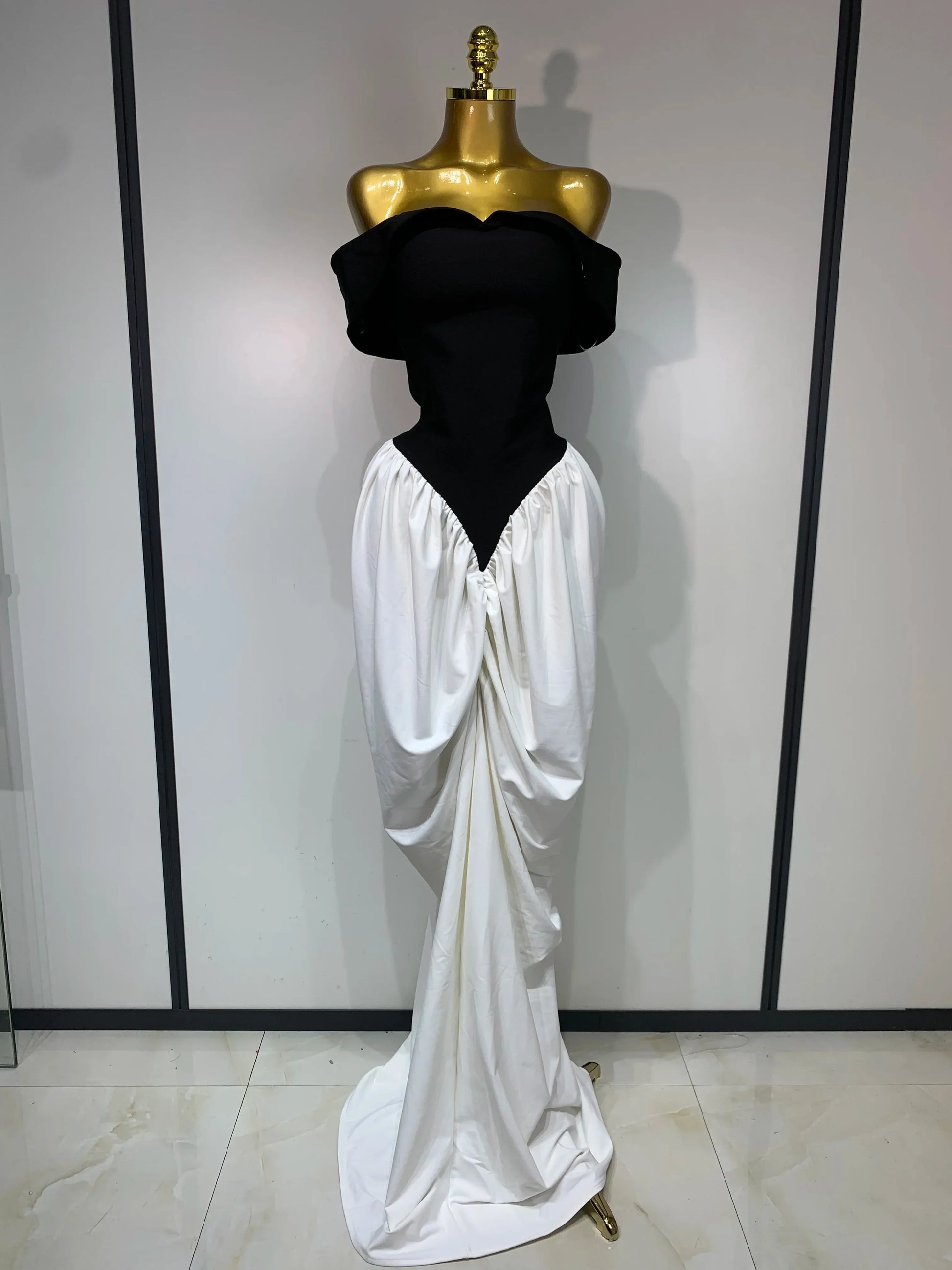 Women Sexy Off Shoulder Black And White Bandage Mermaid Long dress Formal Evening Party Elegant Luxury Birthday Dress WHITE