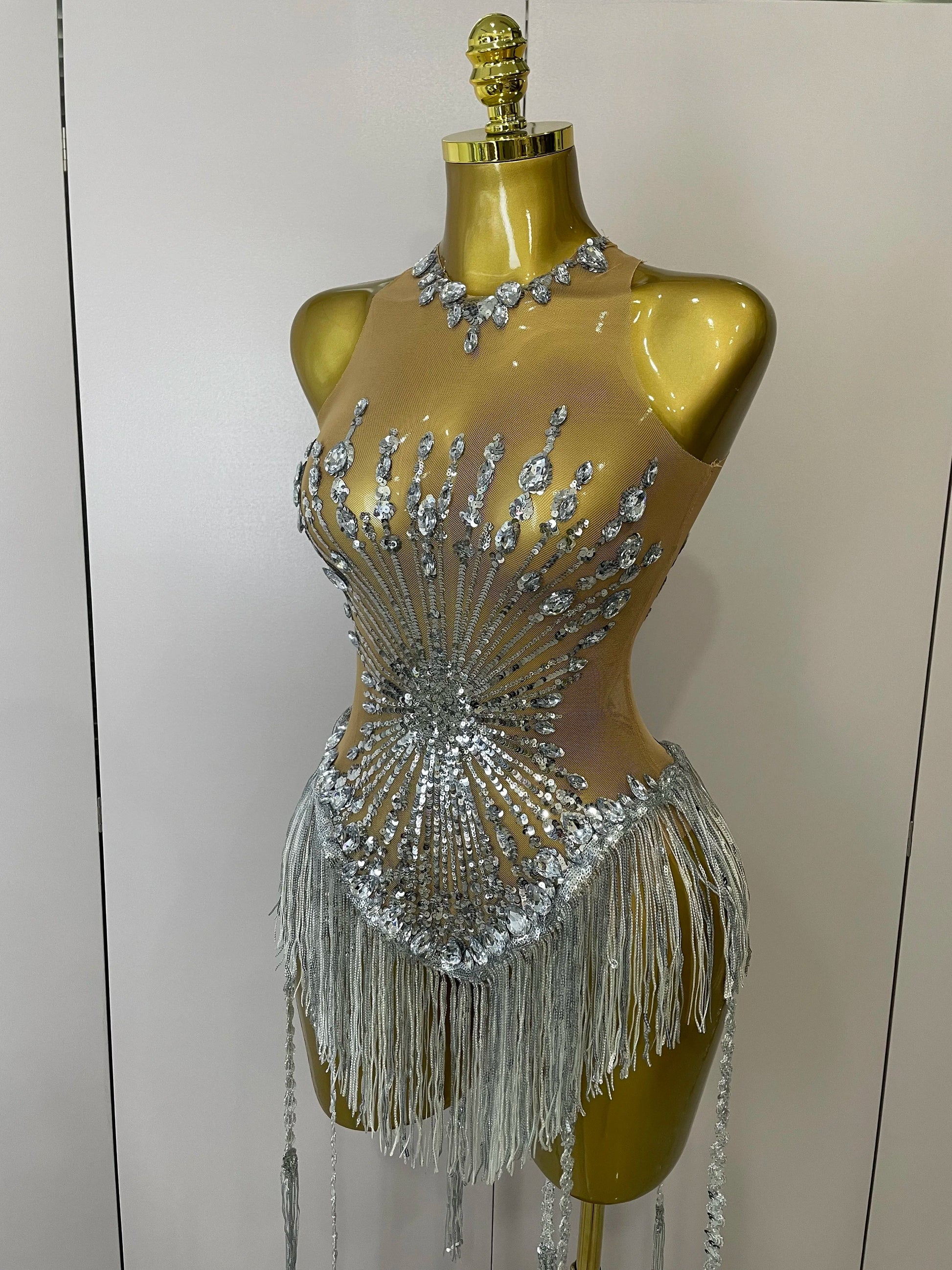 Sliver Sequins Shining Diamonds Sexy Mesh Long Tassel Bodysuit Women Nightclub Party Birthday Stage Performance Costume
