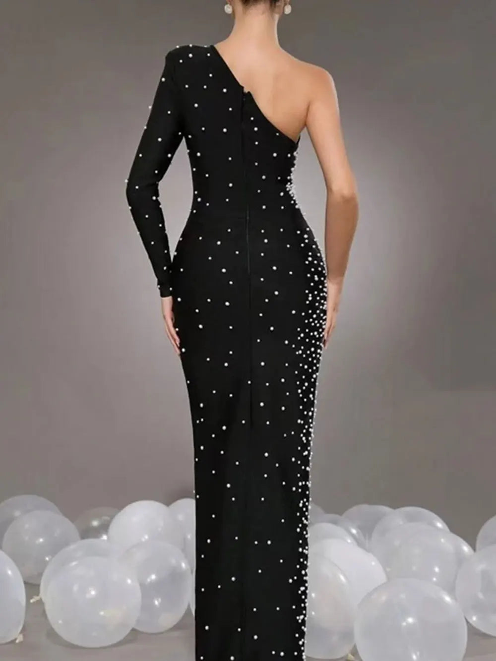 Sexy Women's Light Luxury Pearl Design Bandage Dress with Diagonal Collar One Shoulder Long Sleeve Bodycon Christmas Dress