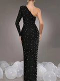 Sexy Women's Light Luxury Pearl Design Bandage Dress with Diagonal Collar One Shoulder Long Sleeve Bodycon Christmas Dress