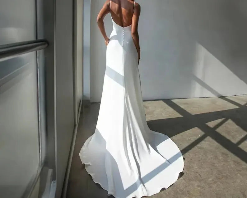 Simple Low Back Wedding Dress Bohemian Backless dress Slit V neck Bridal Gown Button Mermaid Bridal Satin Beach dress for Bride Ivory