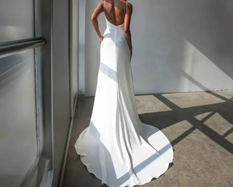 Simple Low Back Wedding Dress Bohemian Backless dress Slit V neck Bridal Gown Button Mermaid Bridal Satin Beach dress for Bride