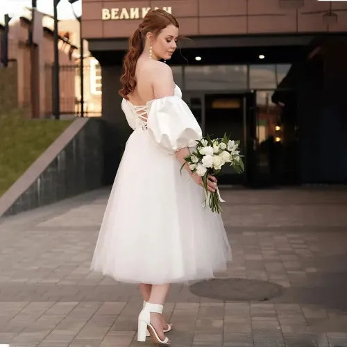 Newest Princess Short Wedding Dress Strapless Detachable Sleeves Lace Up Back Tulle Bridal Gowns Robe De MarieeVestidos De Novia 14w
