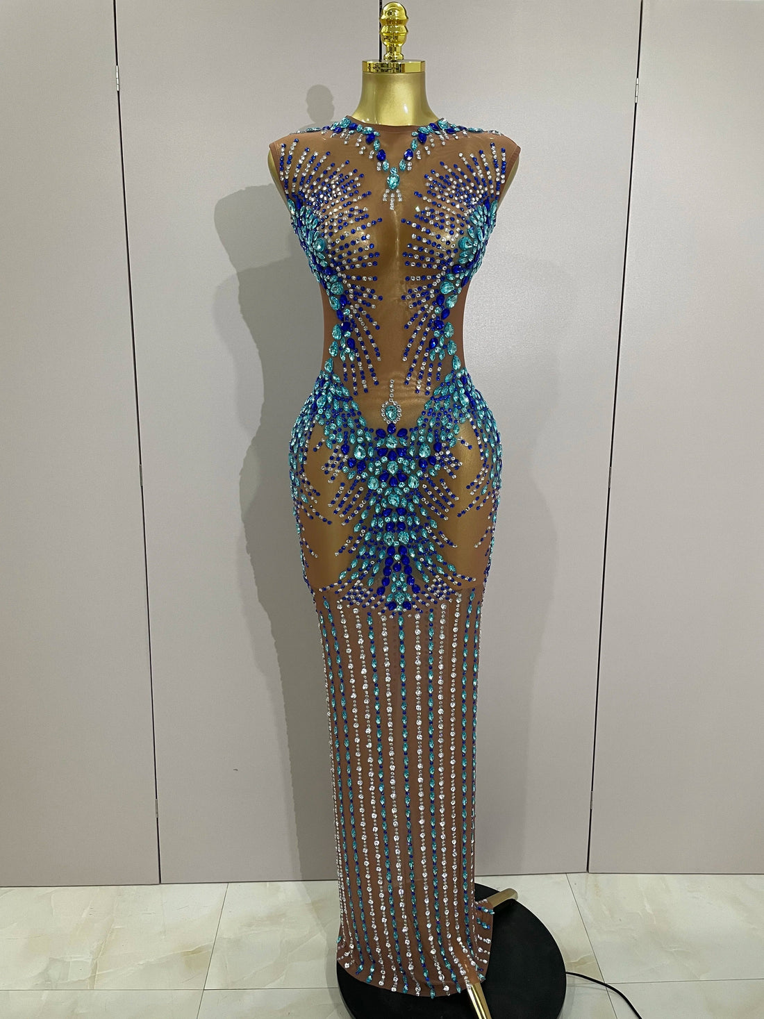 Luxury Sparkly Rhinestones Nude Sexy Mesh Maxi Dress Women Evening Birthday Party Elegant Gown Show Red carpet Stage Costume MULTI