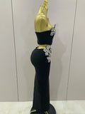 Sexy Strapless Flower Diamonds Black Maxi Long Bandage Two Piece Set Women Knitted Elegant Evening Club Party Prom Gowns