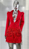 Luxury Diamonds Shining Sequins Deep V-Neck Mini Suit Dress Fashion Woman Birthday Party Dress Stage Performance Costume Red