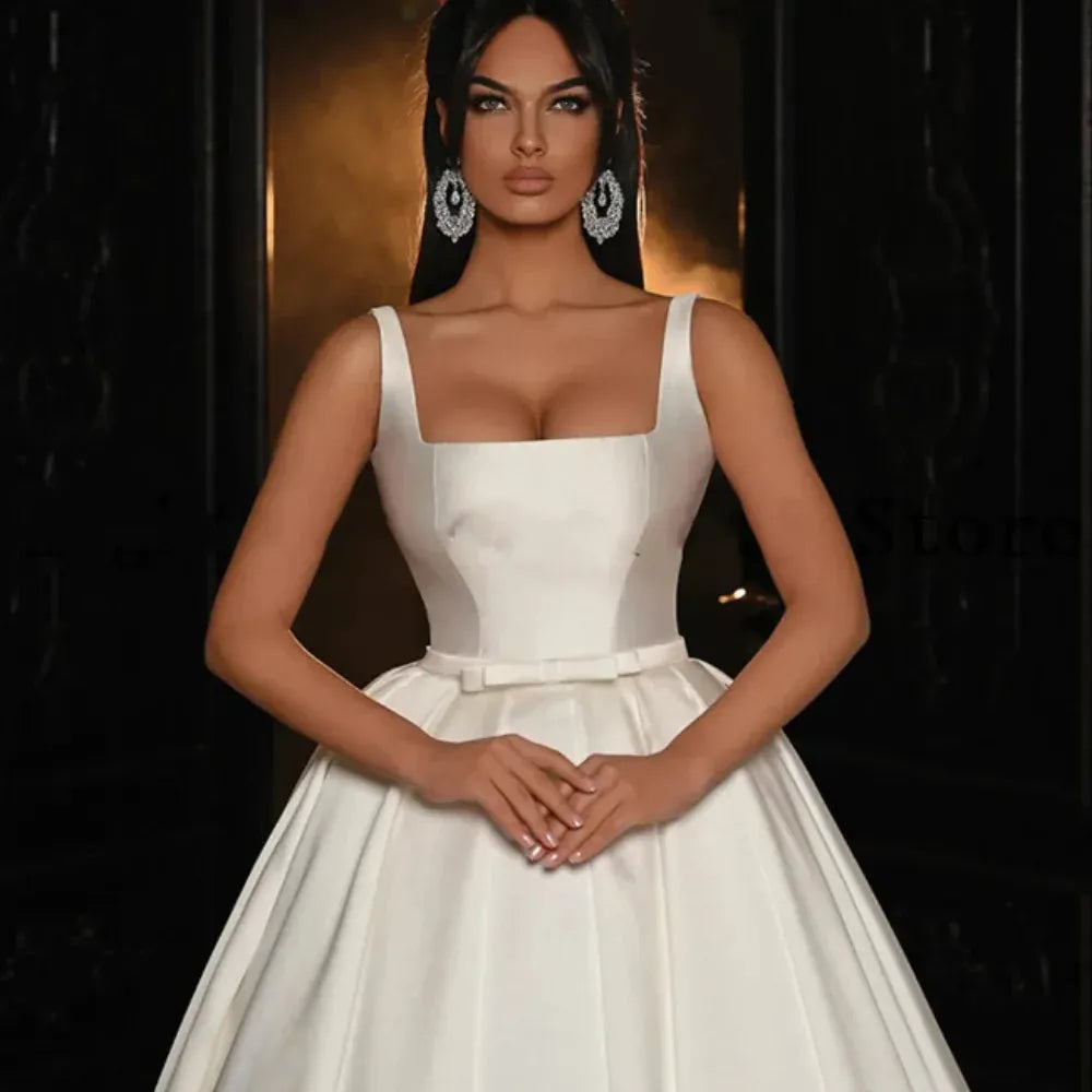 Simple Satin Wedding Dresses For Women Square Collar Neck Sleeveless Elegant Ball Gown Custom Made Vestidos De Novia 14w