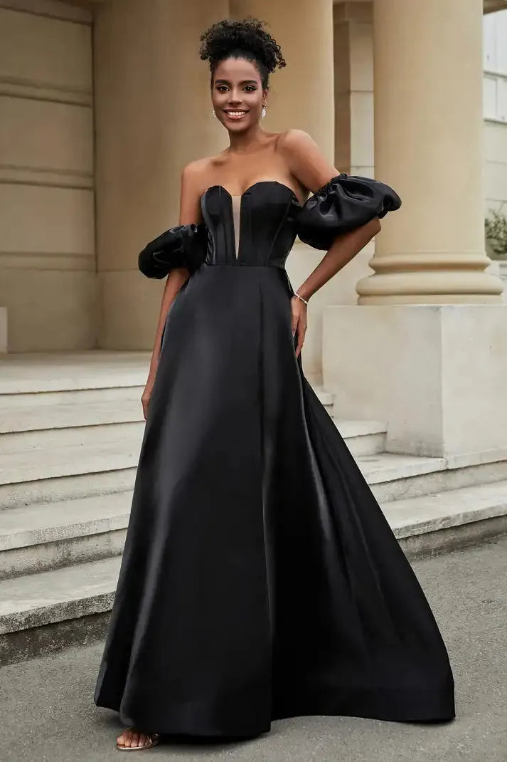 Satin Evening Dresses Long Removable Puffy Sleeves with Slit A Line Sw
