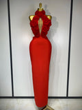 Women Sexy Halter Hollow Out Flowers Bodycon Bandage Dress Red Backless Celebirty Elegant Party Luxury Birthday Wedding Dresses Red