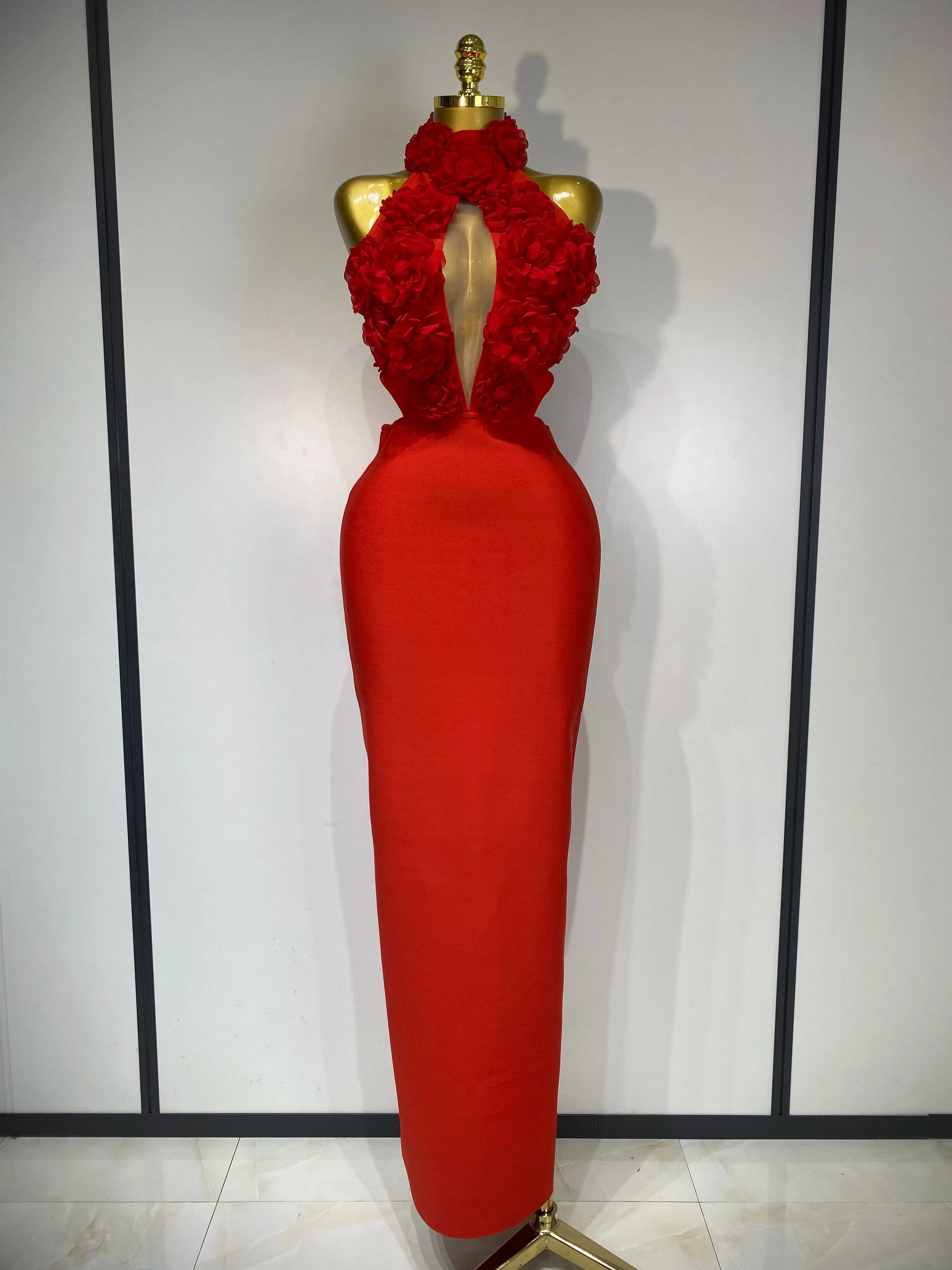 Luxury Birthday Dress Women Celebrity Sexy Halter Backless Flower Long Bandage Bodycon Dress Elegant Evening Party Outfit ﻿ Red