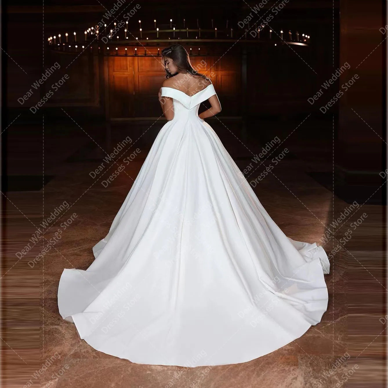 Cantik Gaun Perkahwinan Line Untuk Wanita Di luar bahu V Leher Satin Formal Princess Fashion Bride Gowns Vestidos de Novia