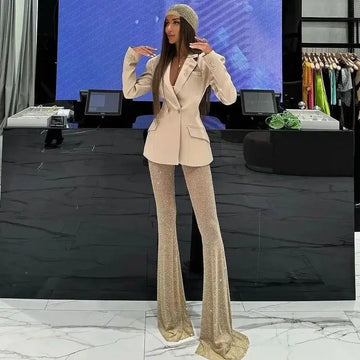 Stylish Woman Oversize Suit Coat And Shining Diamonds Mesh Pants 2 Pieces Set Fashion Woman High Street Wear Party Outfit