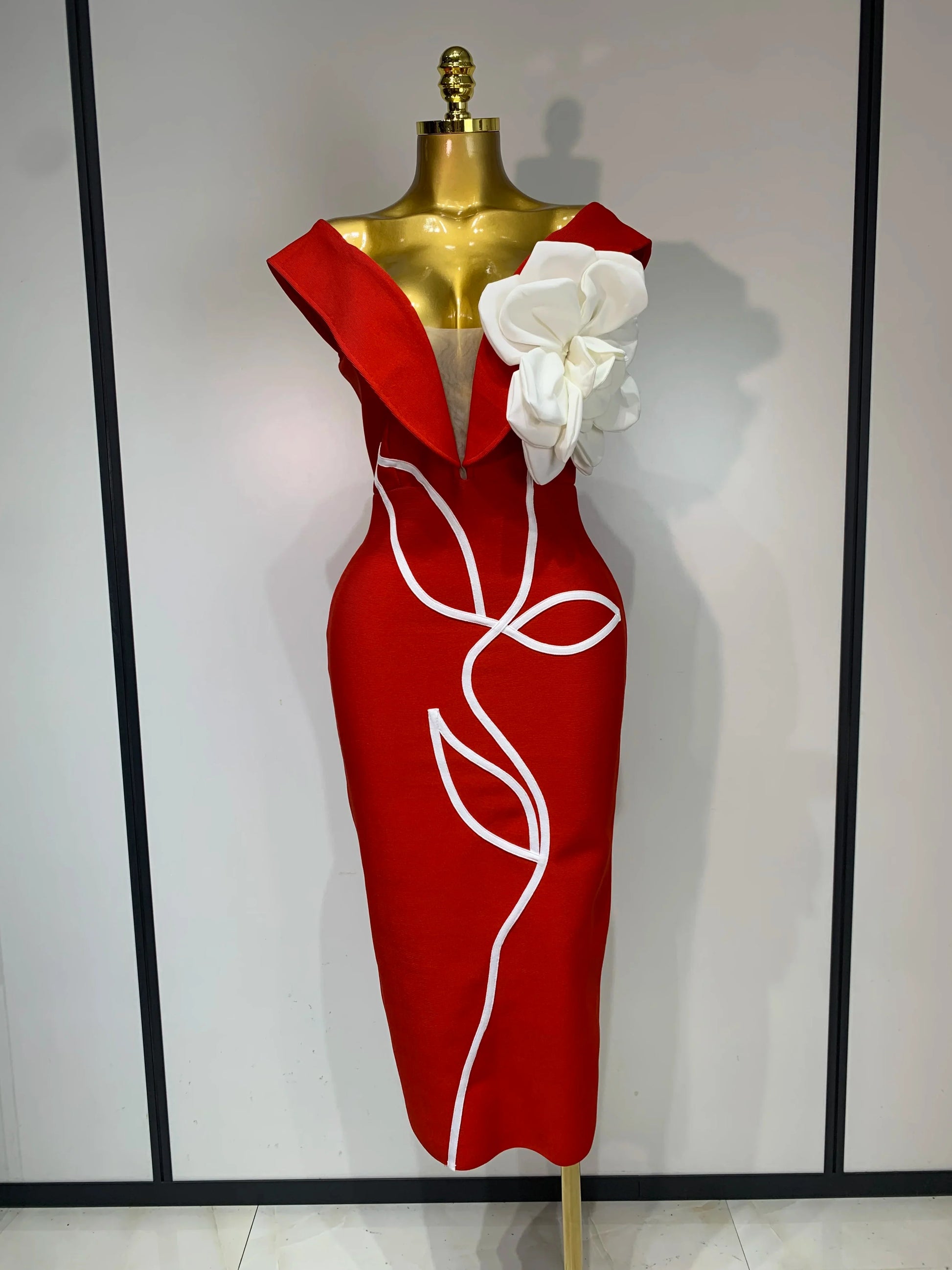 Women Sexy Off Shoulder Backless Bandage Dress Celebrity Elegant Flowers Evening Party Luxury Bithday Outfit Fashion Show Gowns Red