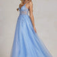 Sky Blue Evening Dresses Beaded Lace Applique Glitters Tulle Sparkly V-neck Long  Formal Party Special Occasion Prom Gowns