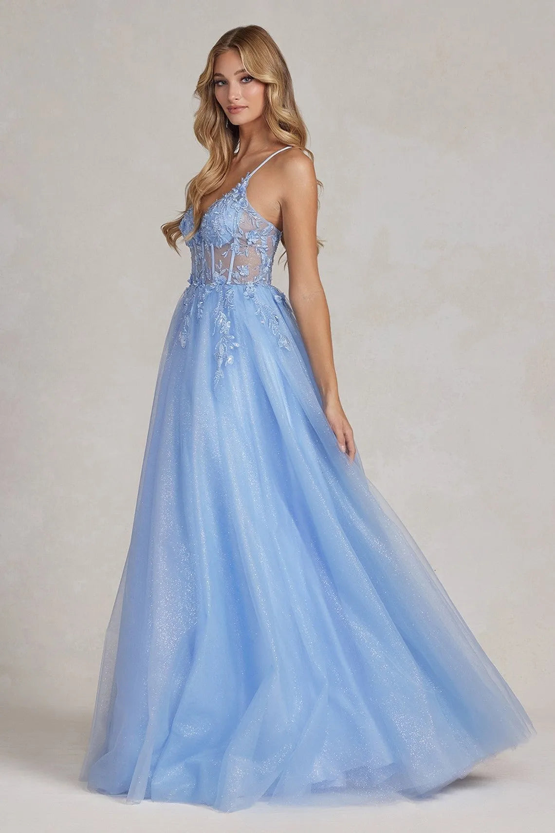 Sky Blue Evening Dresses Beaded Lace Applique Glitters Tulle Sparkly V-neck Long  Formal Party Special Occasion Prom Gowns