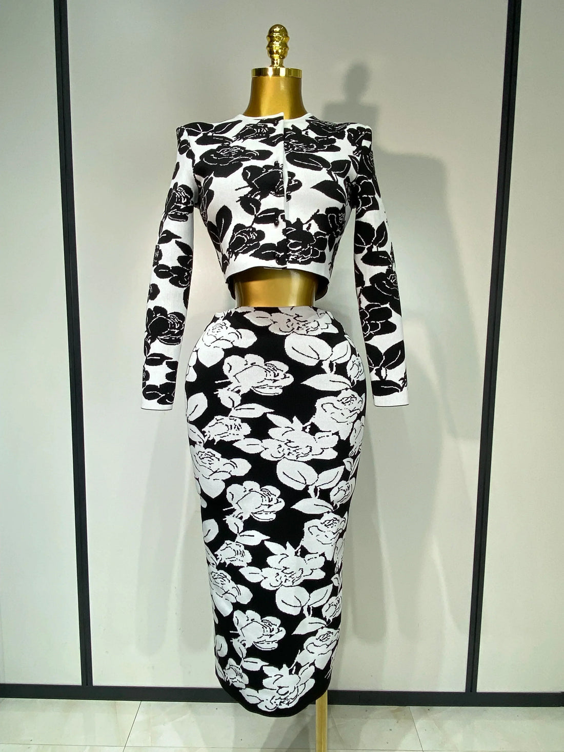 Women Long Sleeve Jacquard Weave Two Pieces Set Celebrity Red Carpet Dress Birthday Bodycon Bandage Women's Set black