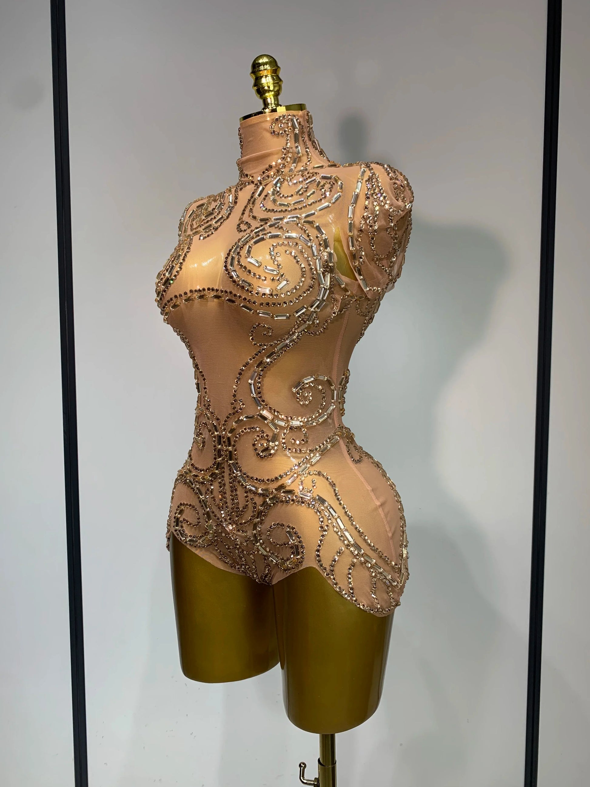 Shining Rhinestone Bodysuit Sexy Mesh See Through Dancer Birthday Evening Party Celebrate Performance Nightclub Stage Outfit