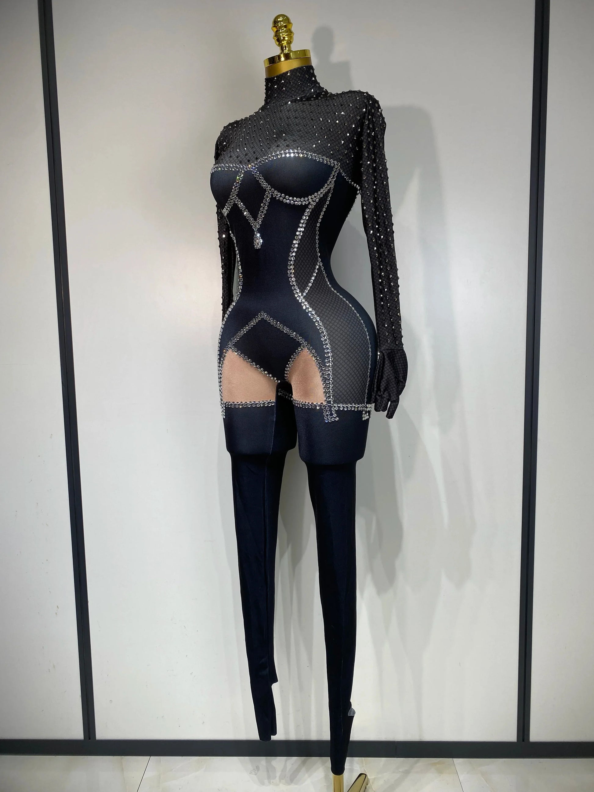Sparkly Diamond Women Sexy Bodycon Jumpsuit Nightclub Bar Party Show Gogo Dancer Clothing Drag Queen Outfit Stage Costume
