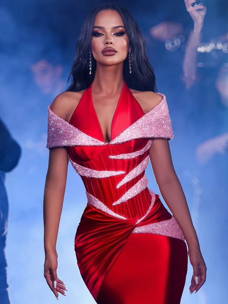 Red Mermaid Birthday Long Dress Off The Shoulder Sequins Details Sparkling Satin Pleated Prom Party Evening Gowns