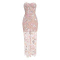Floral Embroidery Sequins Long Dress Strapless Mesh Patchwork Backless Slim Cocktail Evening Party Gowns Pink