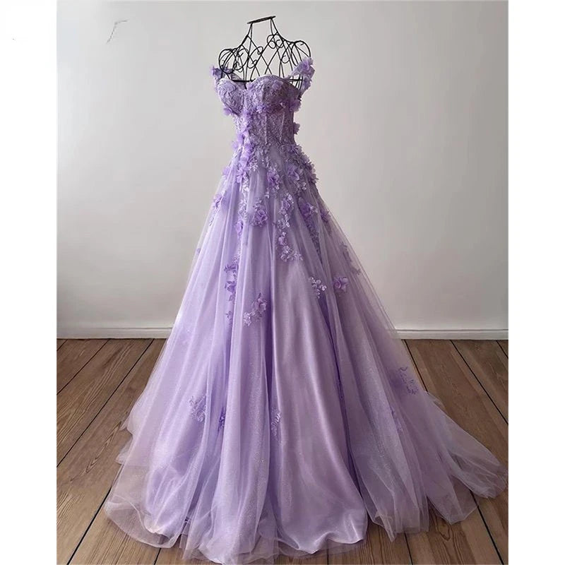 Lilac Evening Dresses Lace Applique Floral Off Shoulder Sweetheart A Line Long Elegant Women Party Prom Gowns CUSTOM MADE