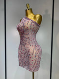 Women Sexy Mesh See Through Rhinestone Mini Dress Stage Dancer One Shoulder Stretch Night Club Party Birthday Dress Stage Outfit