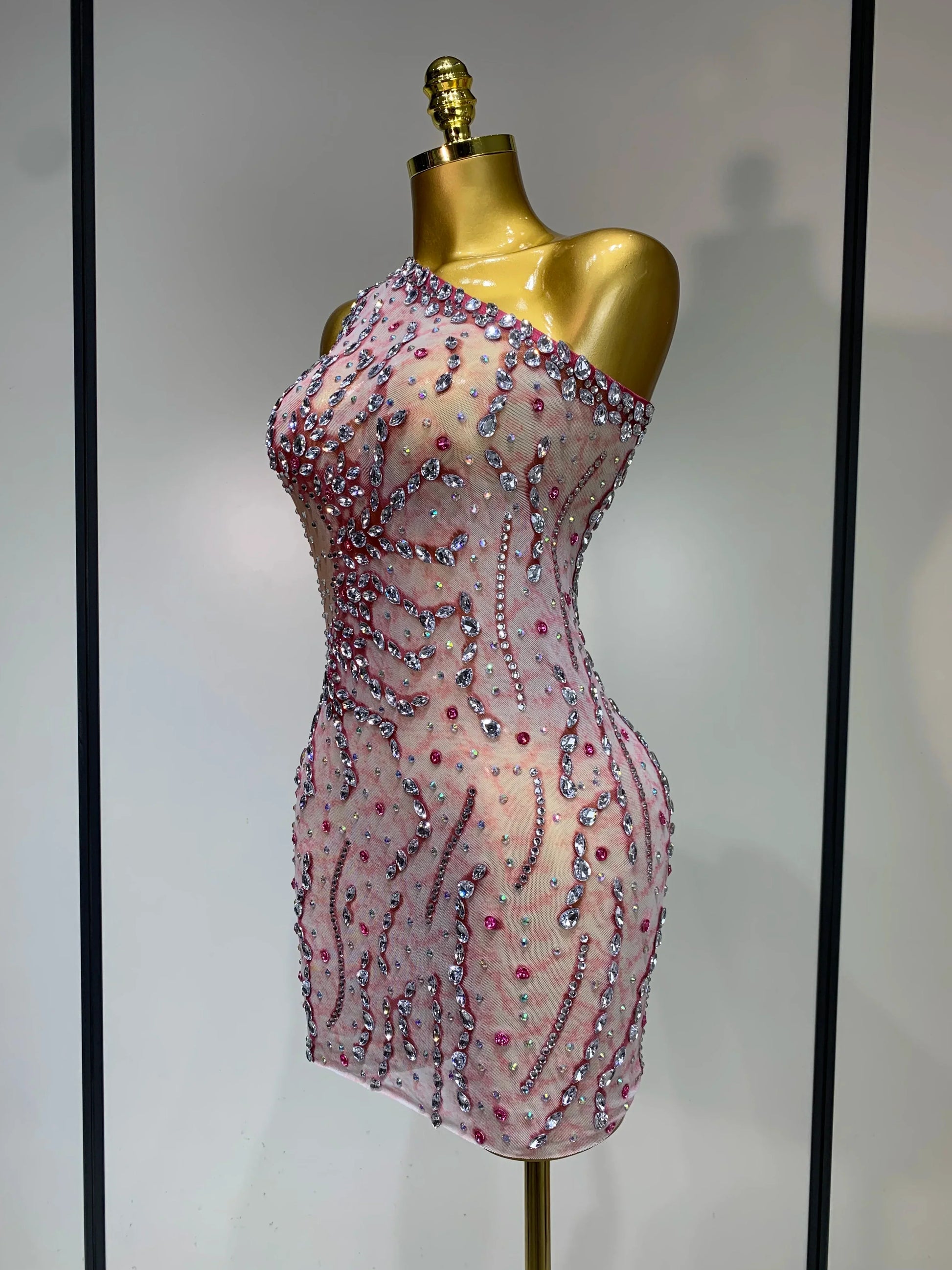 Women Sexy Mesh See Through Rhinestone Mini Dress Stage Dancer One Shoulder Stretch Night Club Party Birthday Dress Stage Outfit