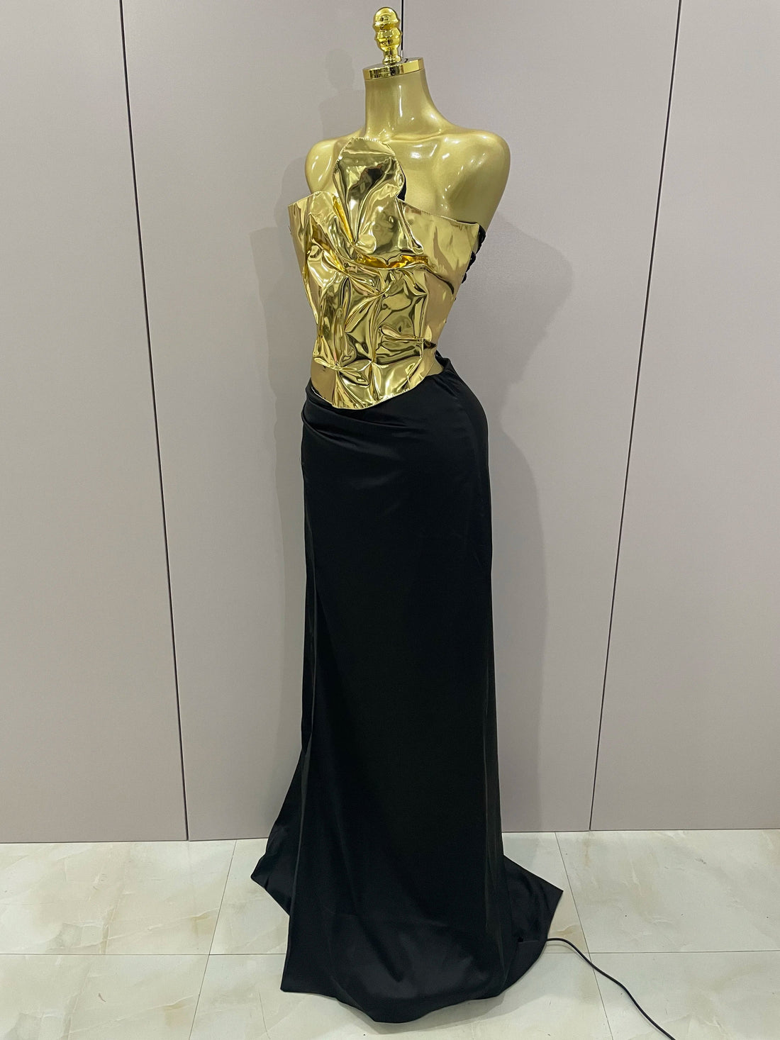Gold Color Sexy Laced-up Tops 2 Pieces Set Long Dress Women Celebrate Evening Party Celebrity Elegant Dress Gold