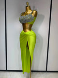 Women Sexy Sparkly Rhinestone Two Pieces Set Stretched Nightclub Skirt Suits Birthday Singer Dancer Stage Performance Costume