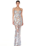 Sexy Strapless Embroidery Flower Long Dress Women Sleeveless Structured Floral Slim Elegant Party Cocktail Evening Gowns