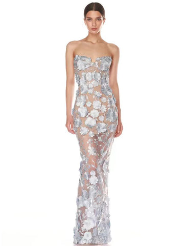 Sexy Strapless Embroidery Flower Long Dress Women Sleeveless Structured Floral Slim Elegant Party Cocktail Evening Gowns