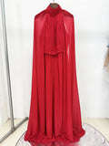 Red Color Women Fashion Cloak Sleeve Slim Floor-length Dress Elegant Eveening Party Celebrate Prom Outfit