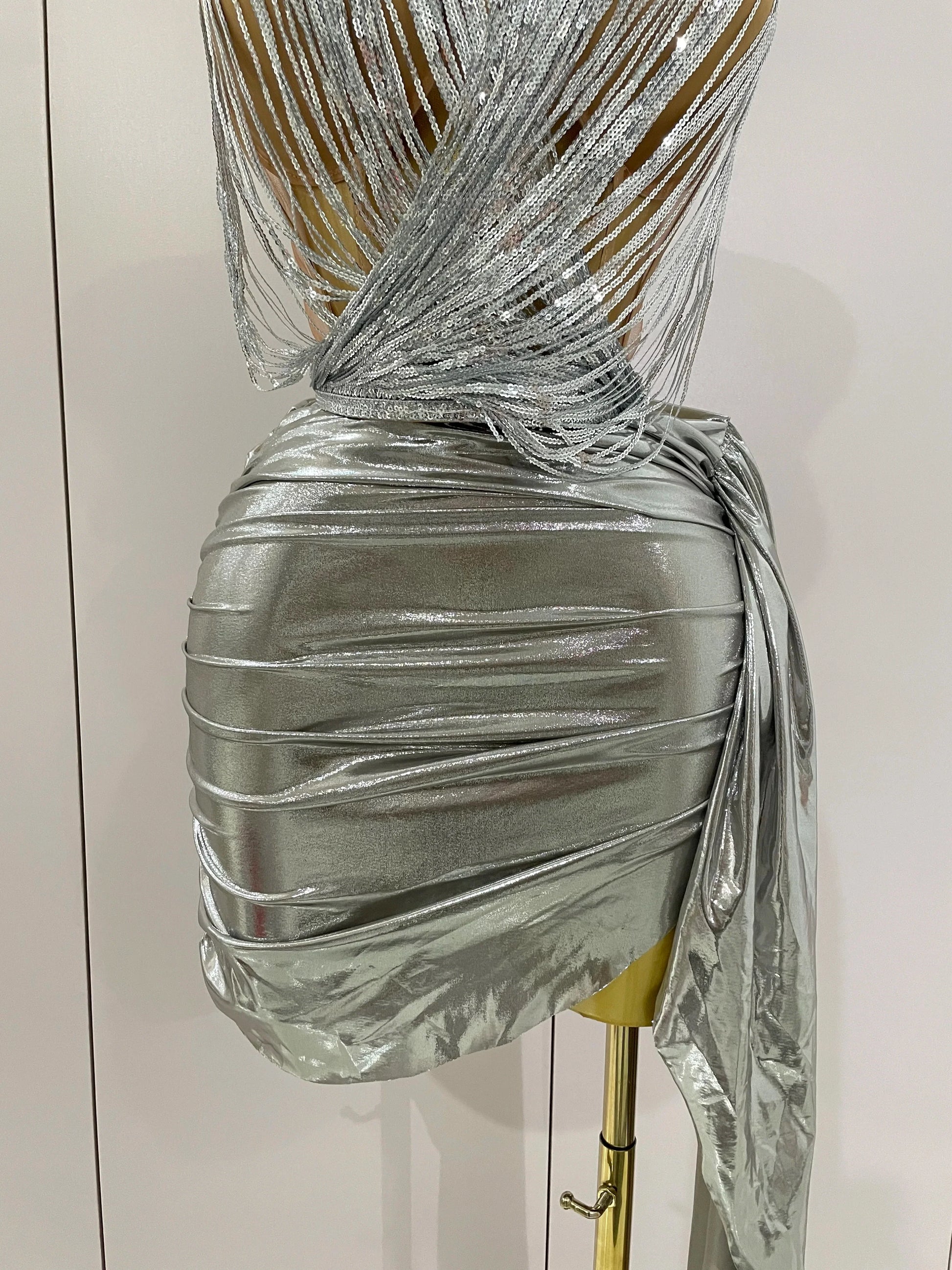 Sexy Strapless Sequin Top Short Skirt 2 pcs Set Women Party Celebrate Nightclub Singer Performance Stage Outfit