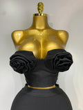 Women 3D Flower Black Bodycon Bandage Two Piece Set Designer High Waist Evening Party Club Birthday Skirt Set