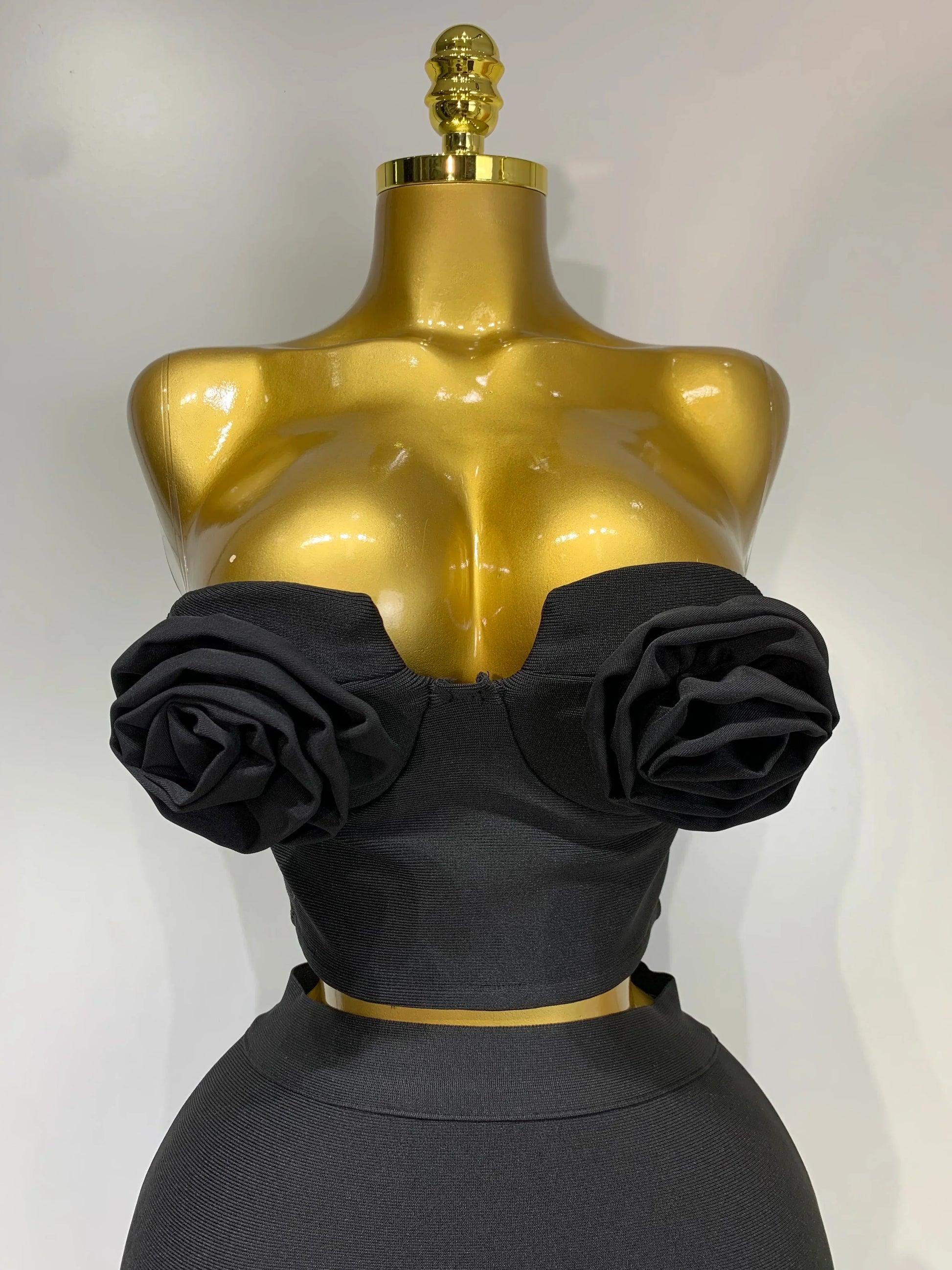 Women 3D Flower Black Bodycon Bandage Two Piece Set Designer High Waist Evening Party Club Birthday Skirt Set