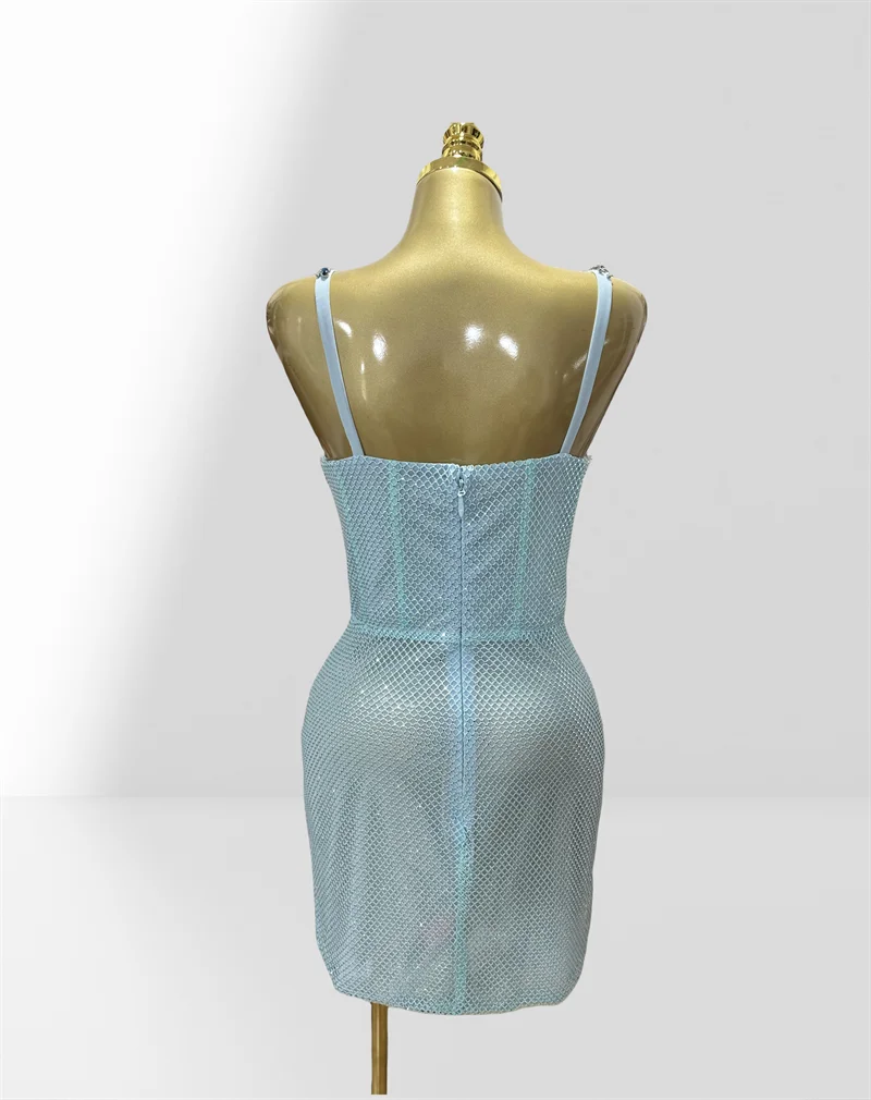 Luxury Feathers Blue Diamonds Sexy See Through Spaghetti Mini Dress Woman Birthday Party Vestido Club Party Outfit