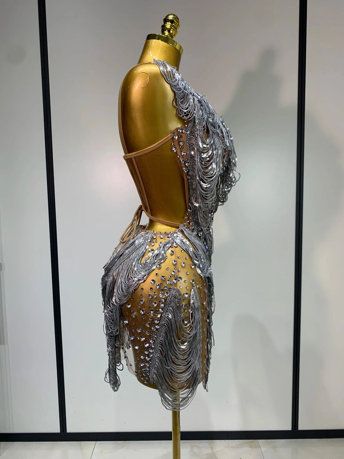 Sparkly Rhinestone Tassel Mesh Dress Nightclub Dance Stage Performance Costume Evening Party One shoulder Nigtclub Mini Dress