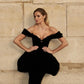 Couture Black Velvet Prom Dresses with Puffy Peplum Off the Shoulder Sheath Long Formal Party Dress Vestidos de fiesta