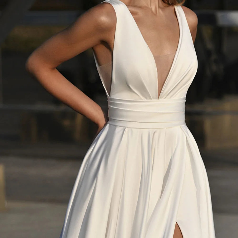 Vestido de noiva de 17a linha de cetim Flit Slit comprimento de piso personalizado para medir para mulheres roup de mariee com bolso branco elegante