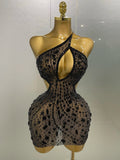Women Sparkly Big Crystal Sexy Off the Shoulder Mesh See Through Mini Dress Nightclub Party Celebrate Birthday Dress black