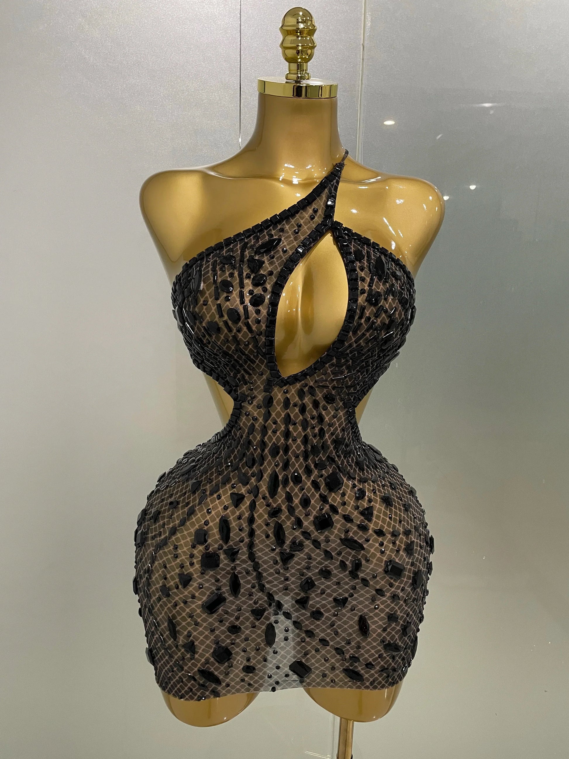 Women Sparkly Big Crystal Sexy Off the Shoulder Mesh See Through Mini Dress Nightclub Party Celebrate Birthday Dress black