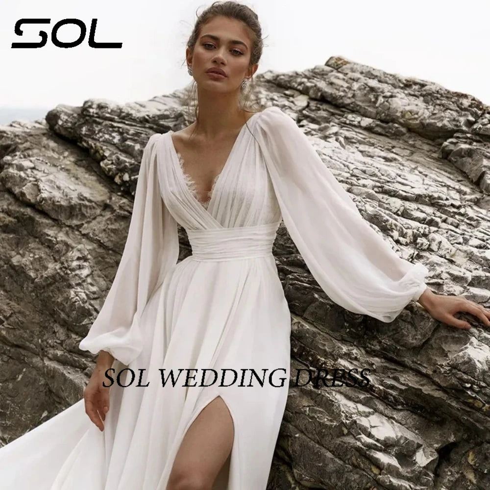 Sol Boho Wedding Dresses Puff Sleeve V-Neck Bride Dress A-Line High Split Wedding Evening Prom Gowns Custom Size