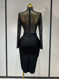 Celebrity Sexy Turtleneck Rhinestones Black Mesh Bodycon Bandage Dress Women Elegant Evening Club Luxury Birthday Dress