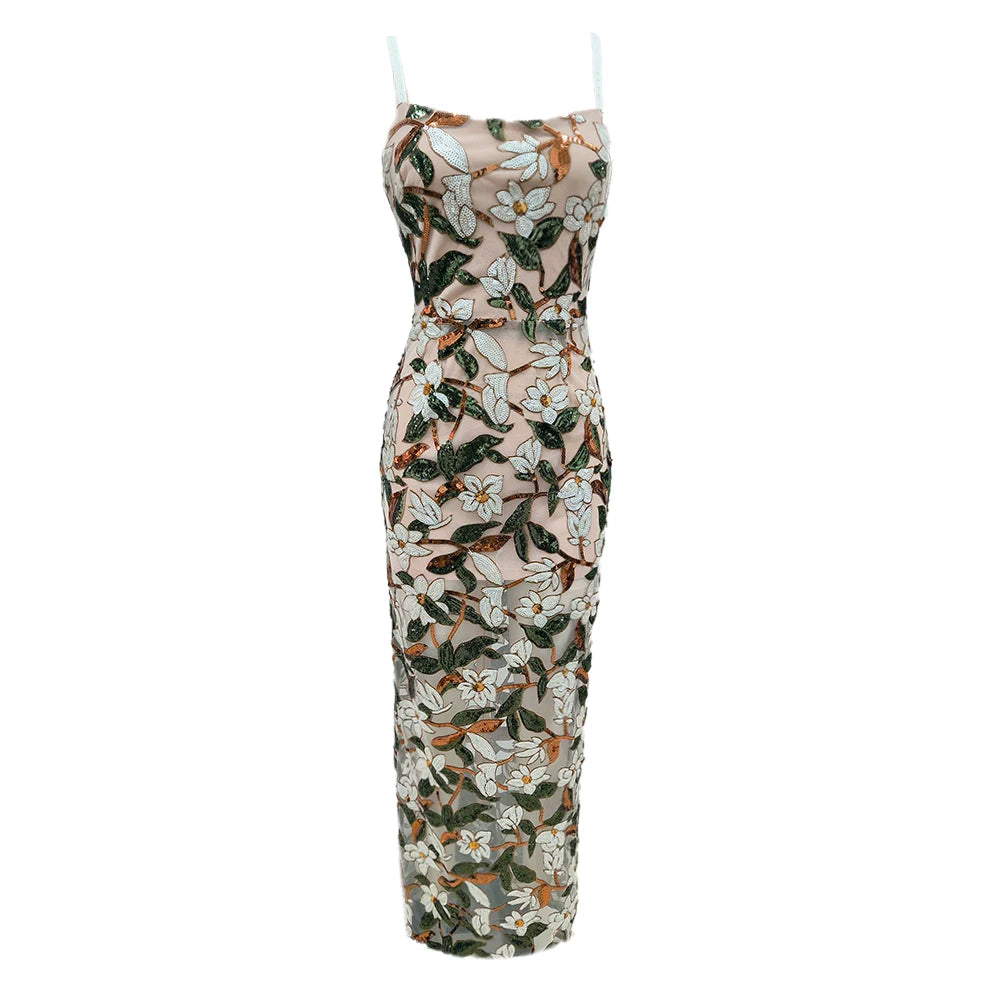 Sexy Strapless Floral Sequins Long Dress For Women Flower Embrodery Backless Slim Cocktail Evening Party Gowns as pic